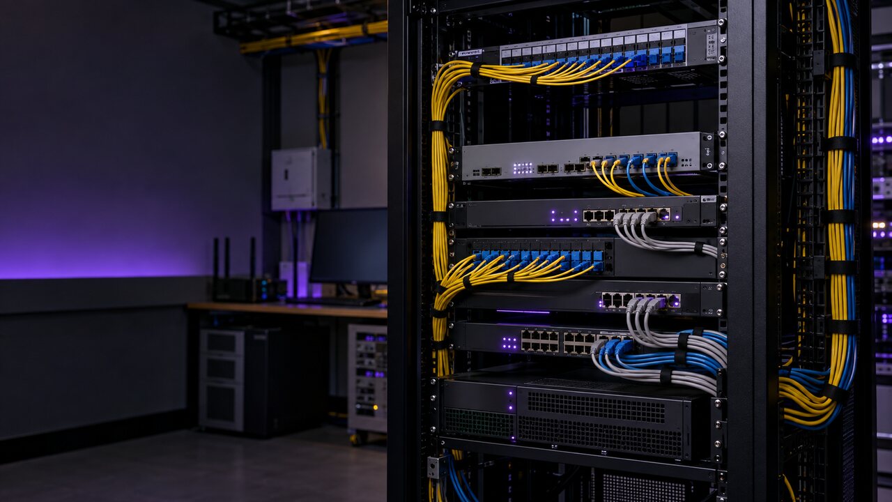 Small ISP equipment rack with OLT and fibre connections