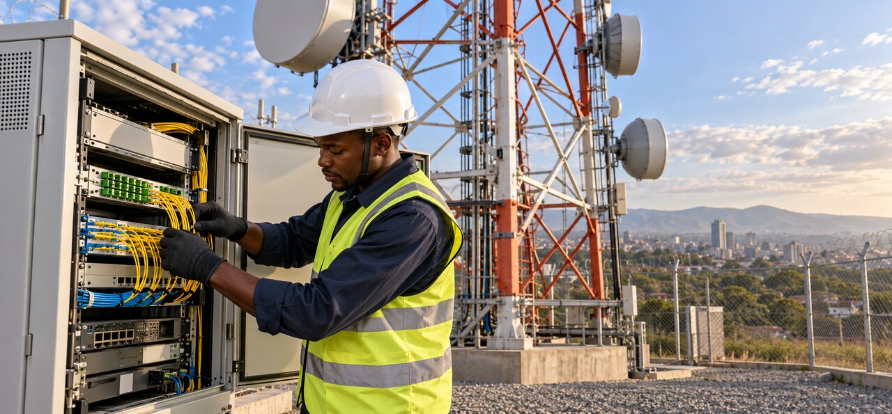 ISP field engineer working at a telecommunications mast